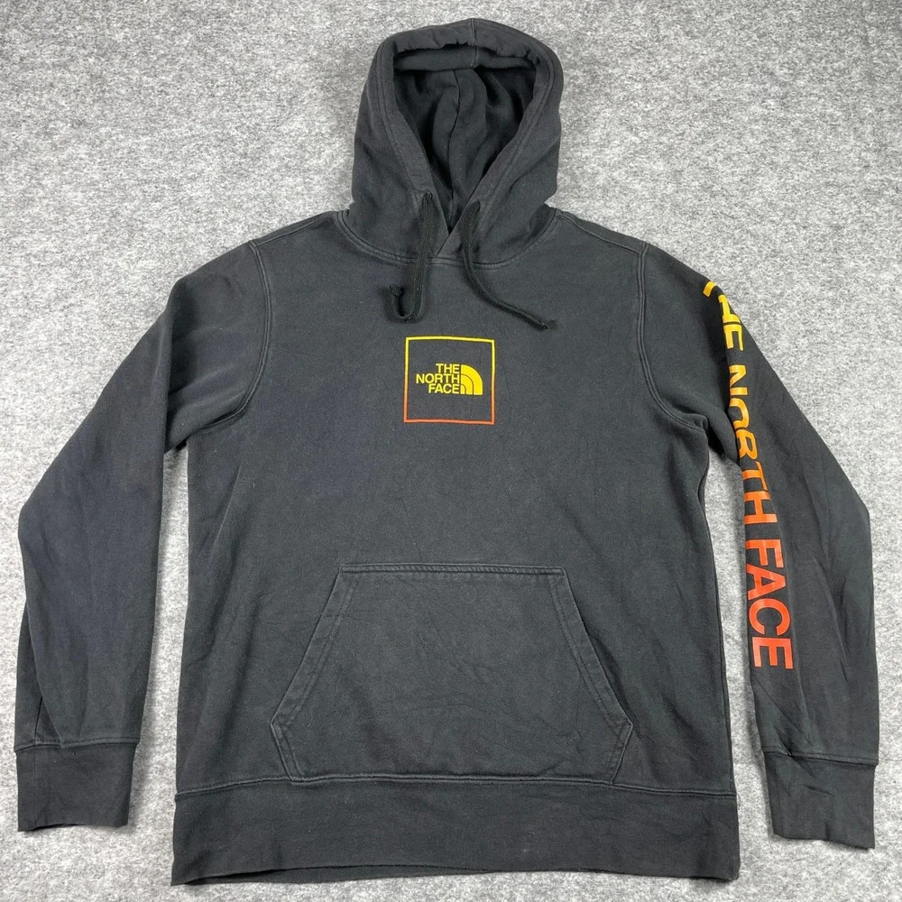 The North Face Hoodie Mens M Black Yellow Orange Box Sleeve Spellout Outdoor